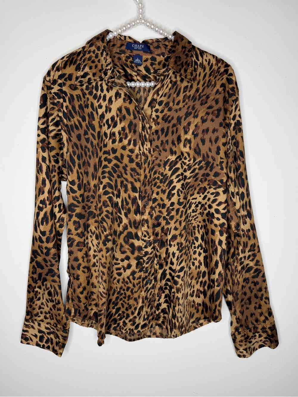 Chaps Women's Leopard Animal Print Button-Down Long Sleeve Shirt Top
